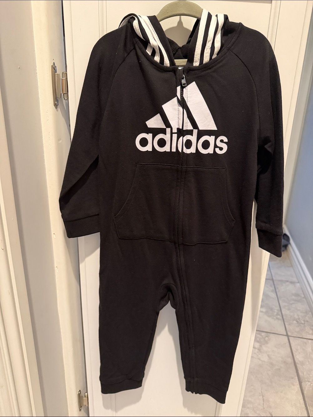 adidas Black Kids Hooded Zip One-Piece with White Logo size 2T